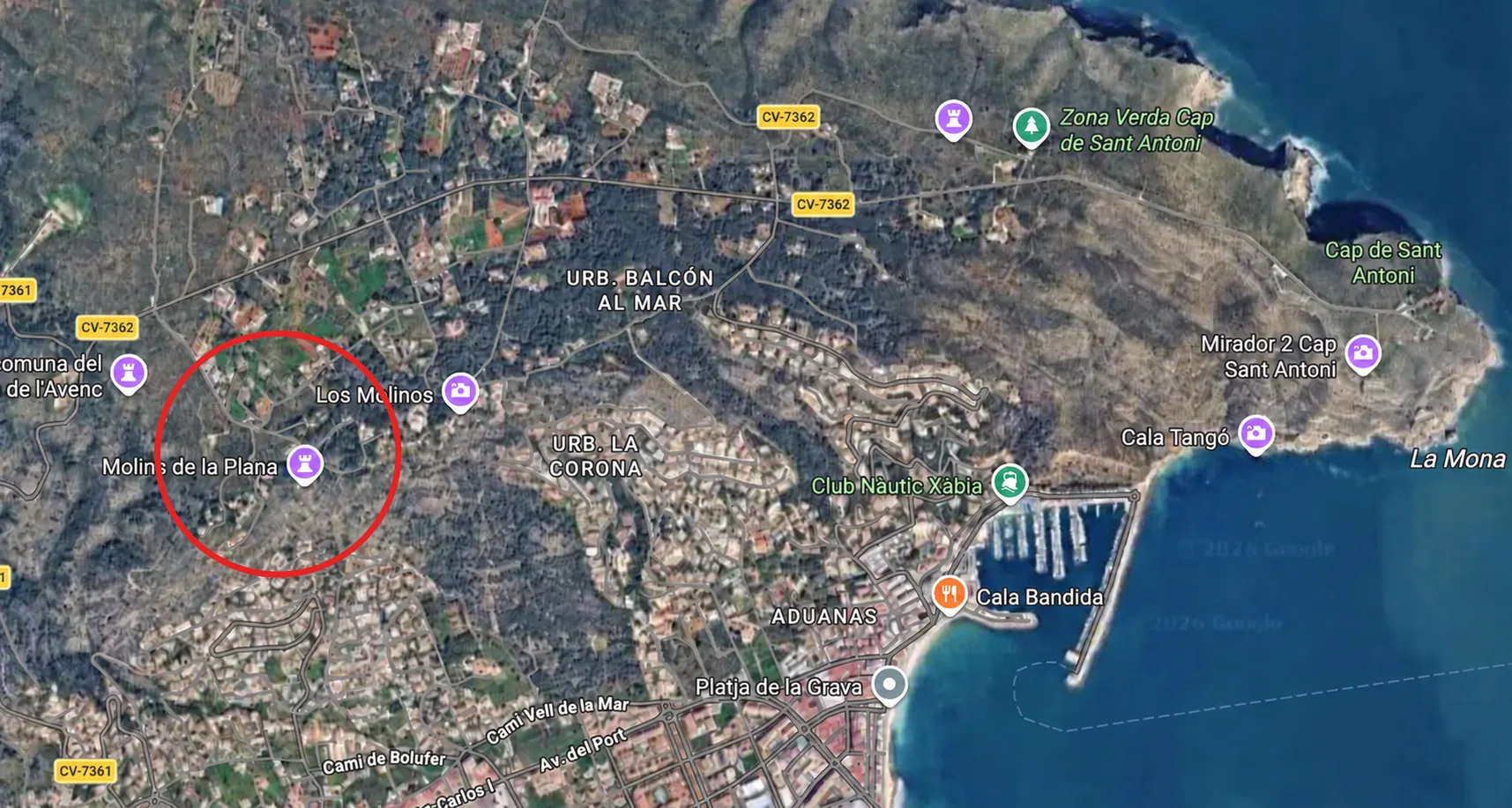 Mapa aéreo con un círculo rojo alrededor de Molins de la Plana